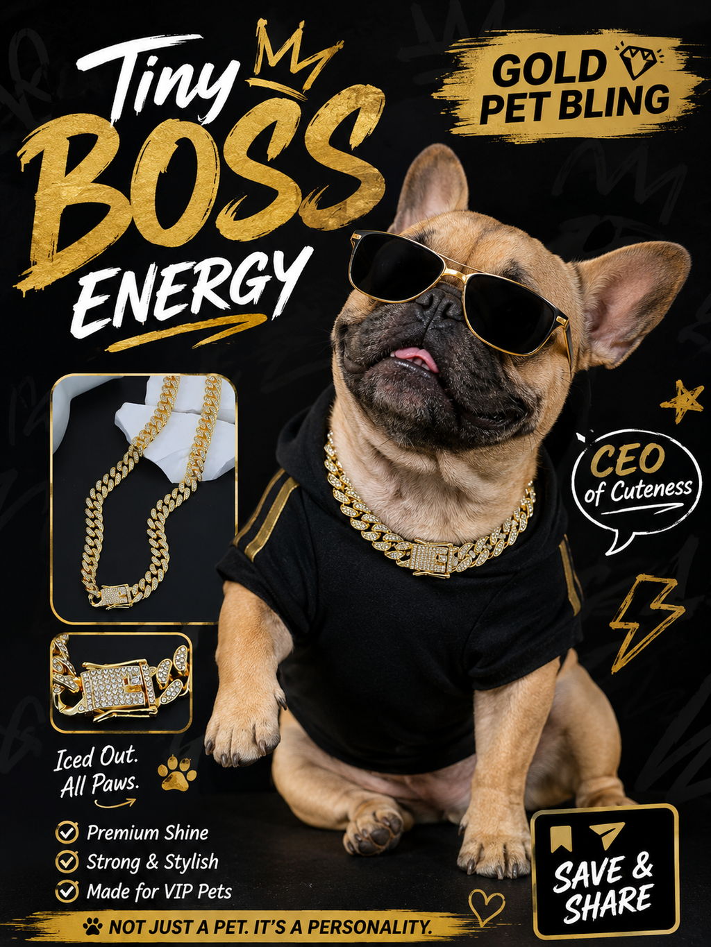 Iced Out Gold Cuban Link Pet Chain, Bling Rhinestone Dog Necklace, Hip Hop Style Puppy Jewelry Accessory for Photoshoot Party