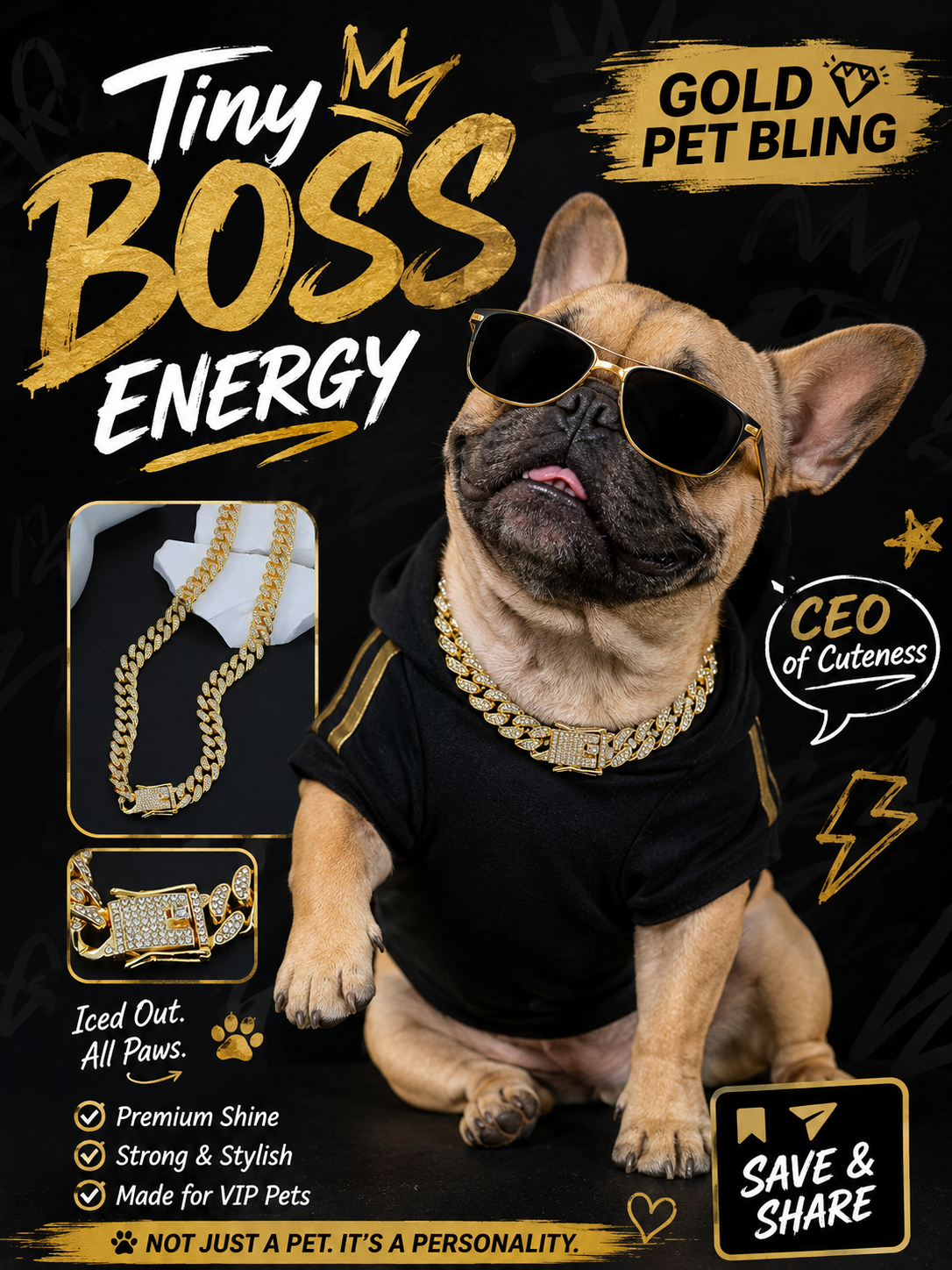 Iced Out Gold Cuban Link Pet Chain, Bling Rhinestone Dog Necklace, Hip Hop Style Puppy Jewelry Accessory for Photoshoot Party