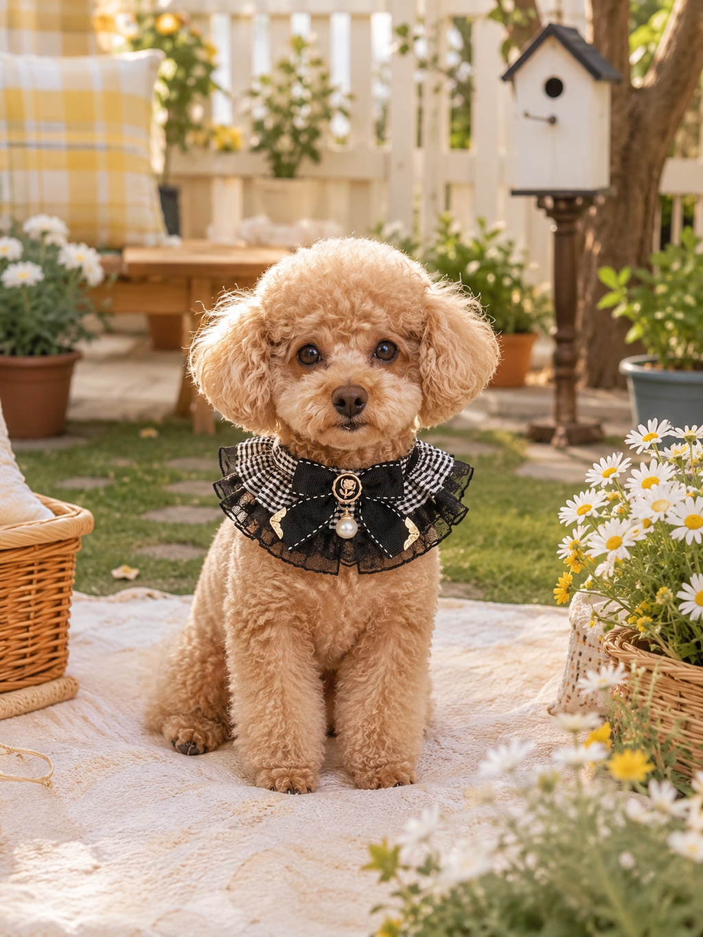 Elegant Lace Plaid Pet Collar, Vintage Gingham Dog Neck Collar with Bow & Pearl Pendant, Cute Girly Puppy Accessory for Daily Wear & Pet Photos