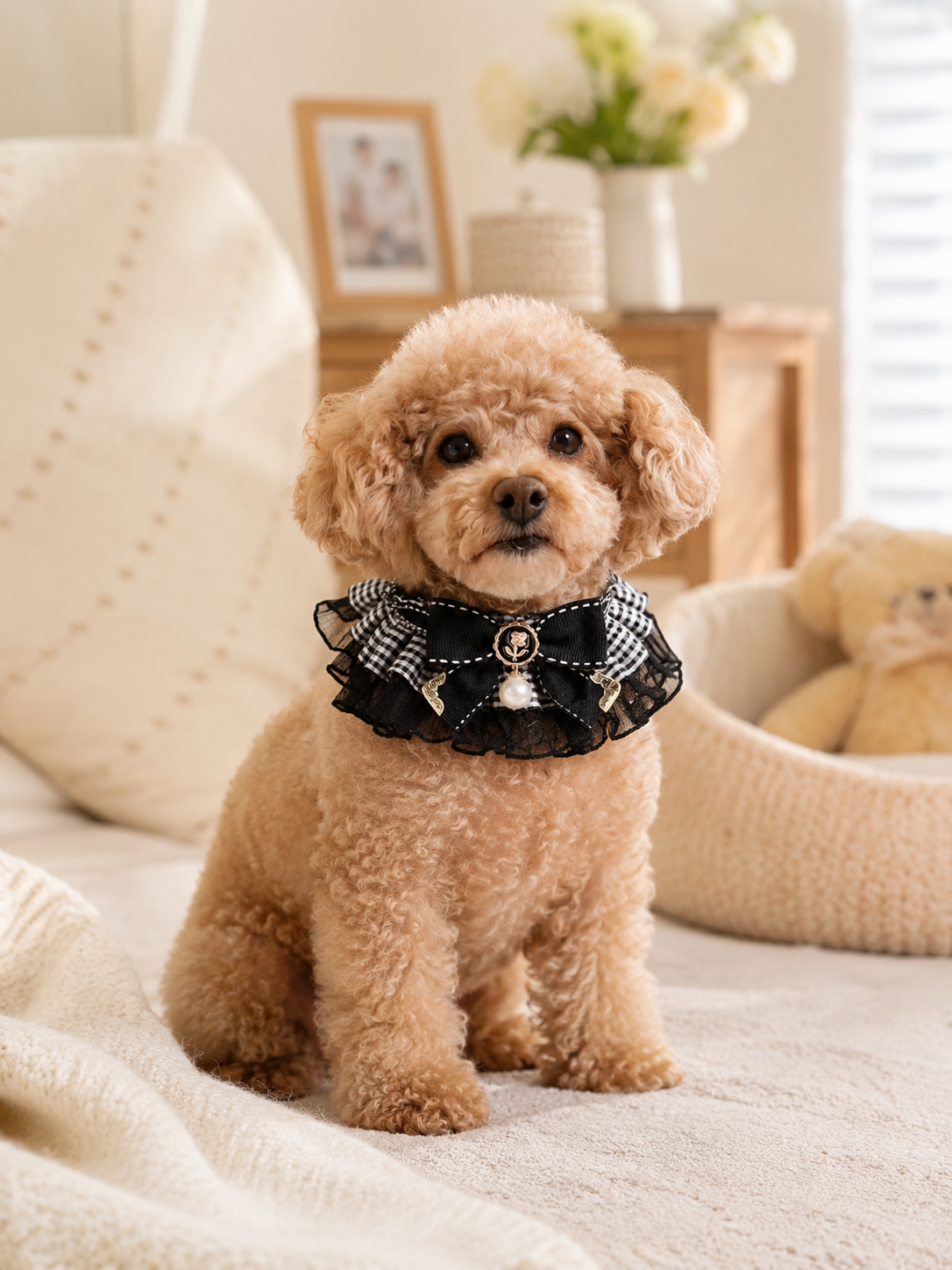 Elegant Lace Plaid Pet Collar, Vintage Gingham Dog Neck Collar with Bow & Pearl Pendant, Cute Girly Puppy Accessory for Daily Wear & Pet Photos