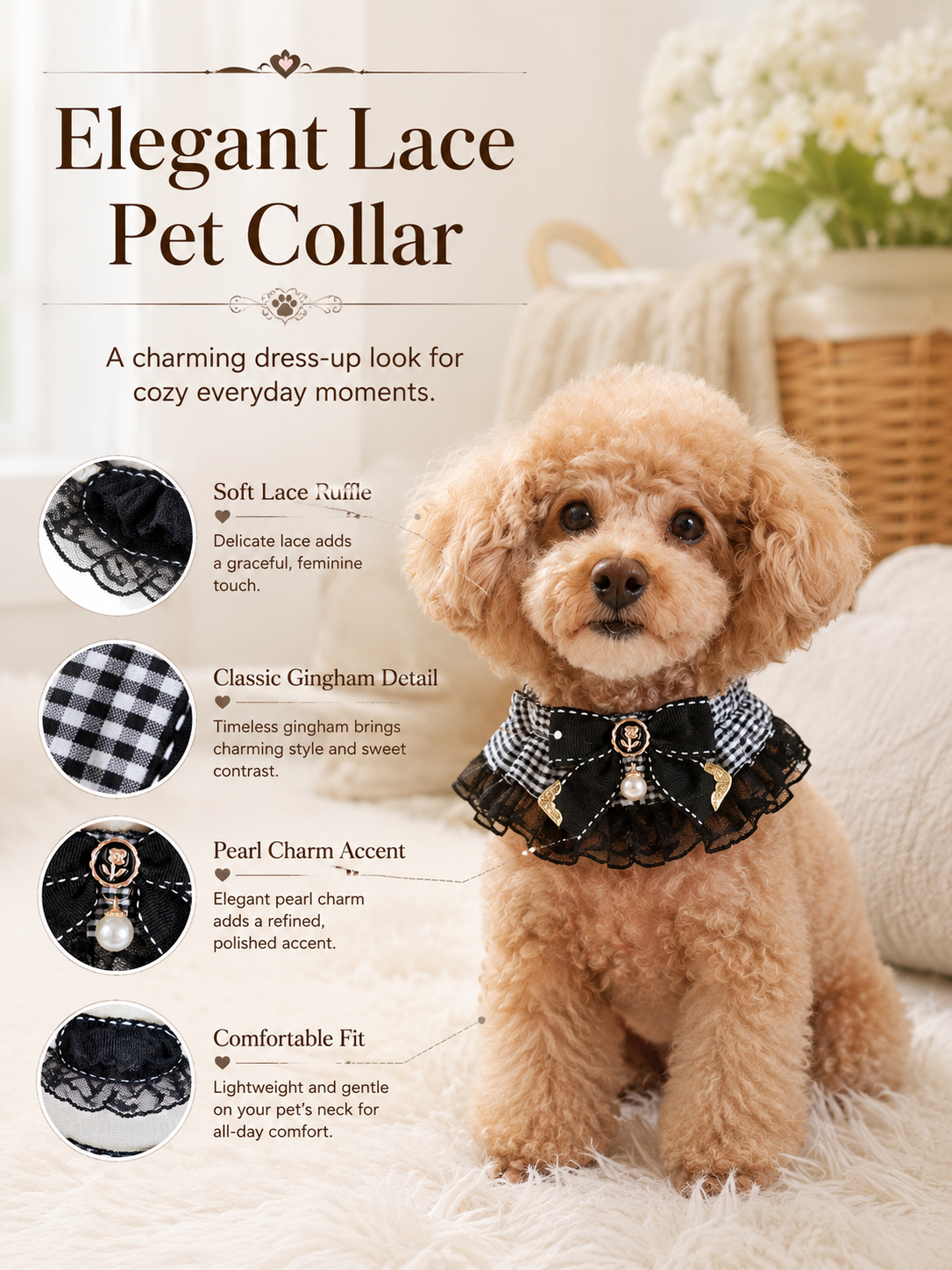Elegant Lace Plaid Pet Collar, Vintage Gingham Dog Neck Collar with Bow & Pearl Pendant, Cute Girly Puppy Accessory for Daily Wear & Pet Photos