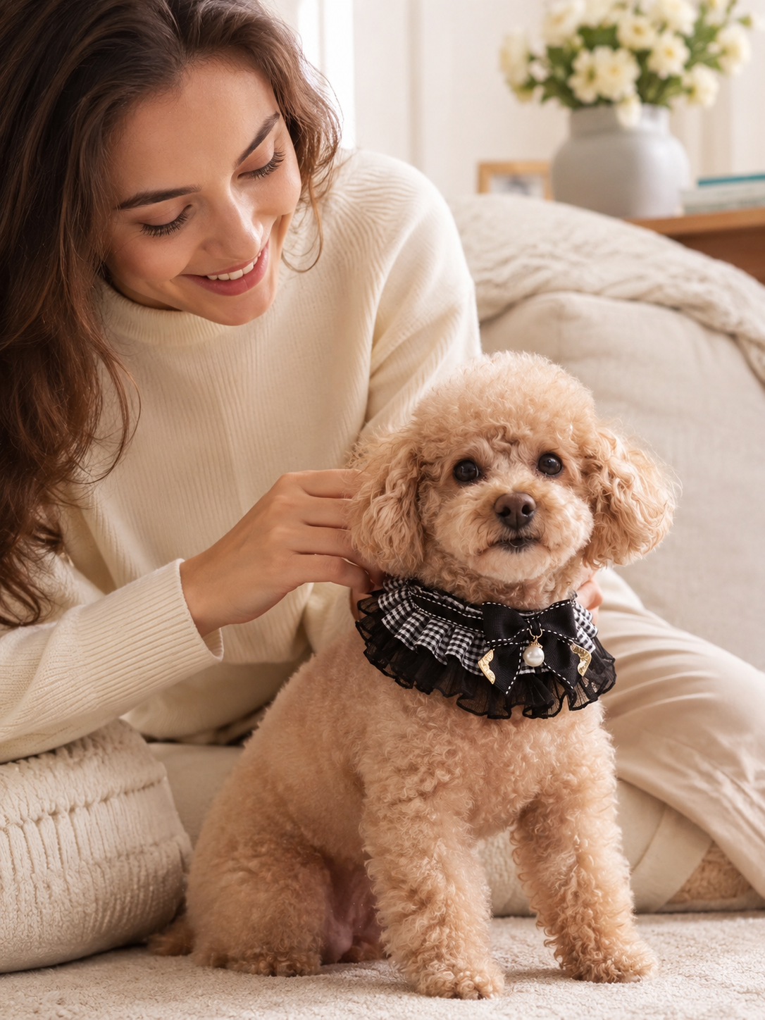 Elegant Lace Plaid Pet Collar, Vintage Gingham Dog Neck Collar with Bow & Pearl Pendant, Cute Girly Puppy Accessory for Daily Wear & Pet Photos