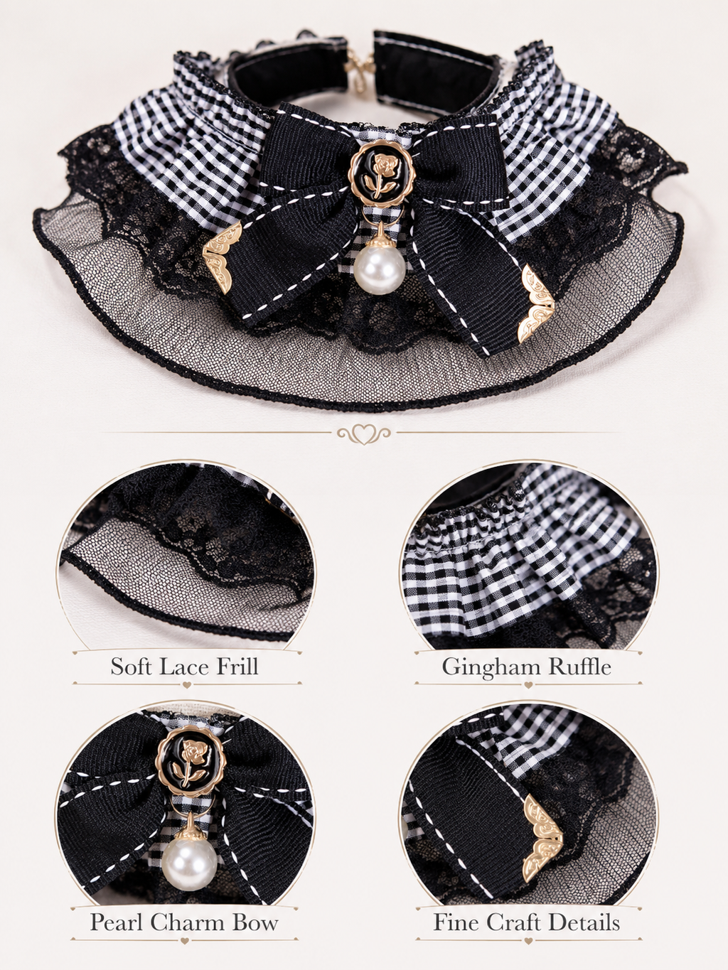 Elegant Lace Plaid Pet Collar, Vintage Gingham Dog Neck Collar with Bow & Pearl Pendant, Cute Girly Puppy Accessory for Daily Wear & Pet Photos