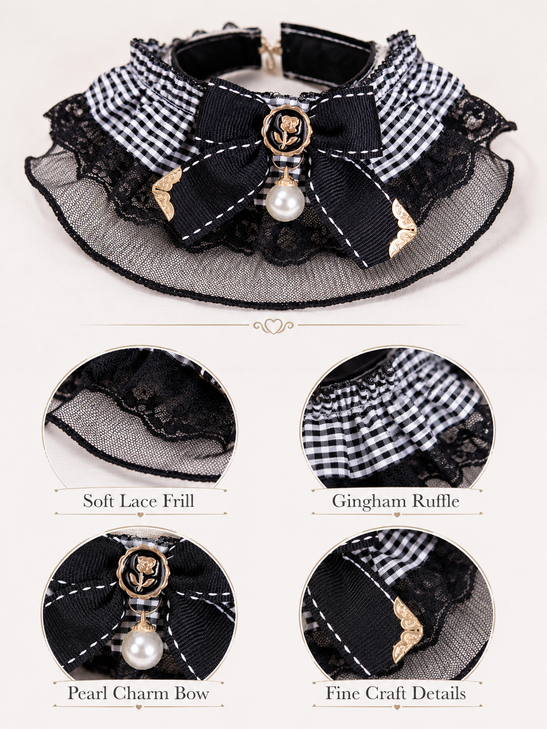 Elegant Lace Plaid Pet Collar, Vintage Gingham Dog Neck Collar with Bow & Pearl Pendant, Cute Girly Puppy Accessory for Daily Wear & Pet Photos