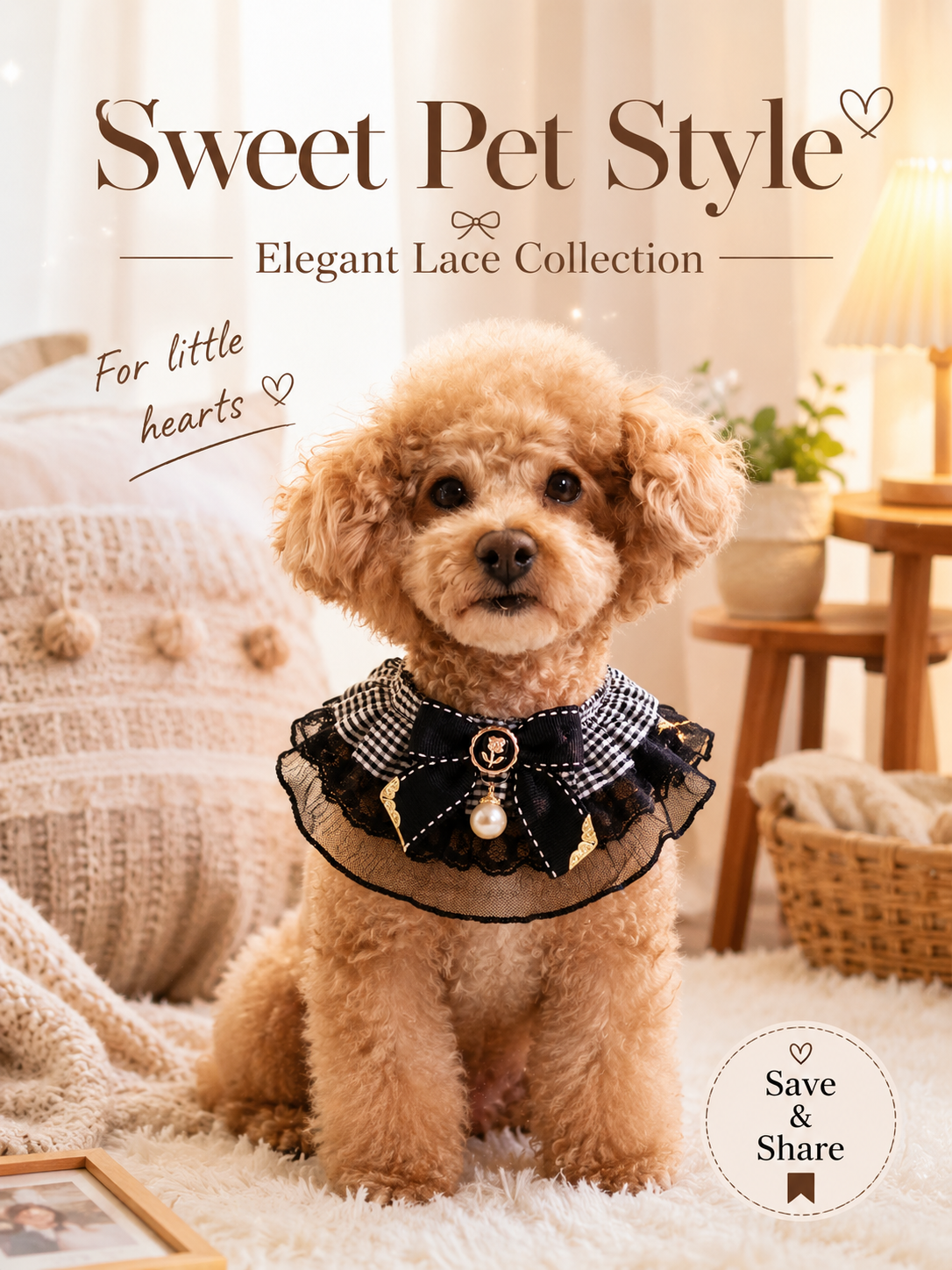Elegant Lace Plaid Pet Collar, Vintage Gingham Dog Neck Collar with Bow & Pearl Pendant, Cute Girly Puppy Accessory for Daily Wear & Pet Photos