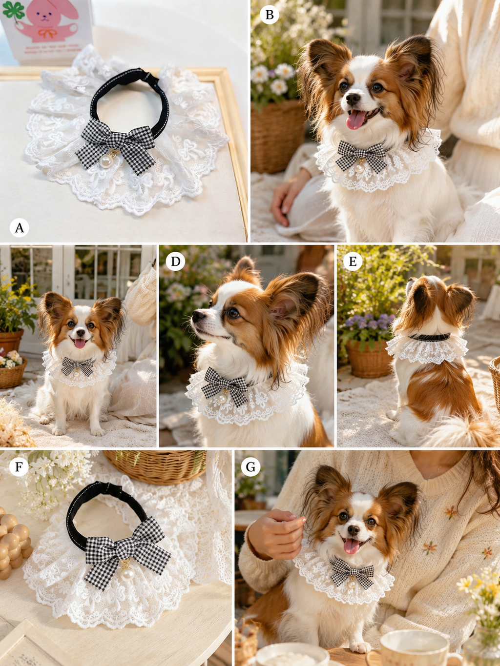 White Lace Ruffled Pet Collar, Black Gingham Bow Dog Neckwear with Pearl Pendant, Vintage Sweet Puppy Accessory for Daily Outings & Aesthetic Pet Photos