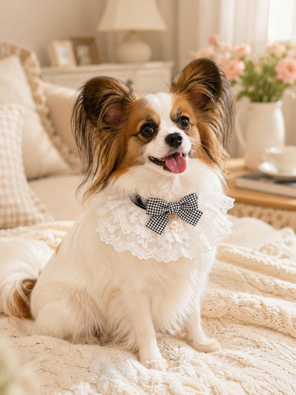 White Lace Ruffled Pet Collar, Black Gingham Bow Dog Neckwear with Pearl Pendant, Vintage Sweet Puppy Accessory for Daily Outings & Aesthetic Pet Photos