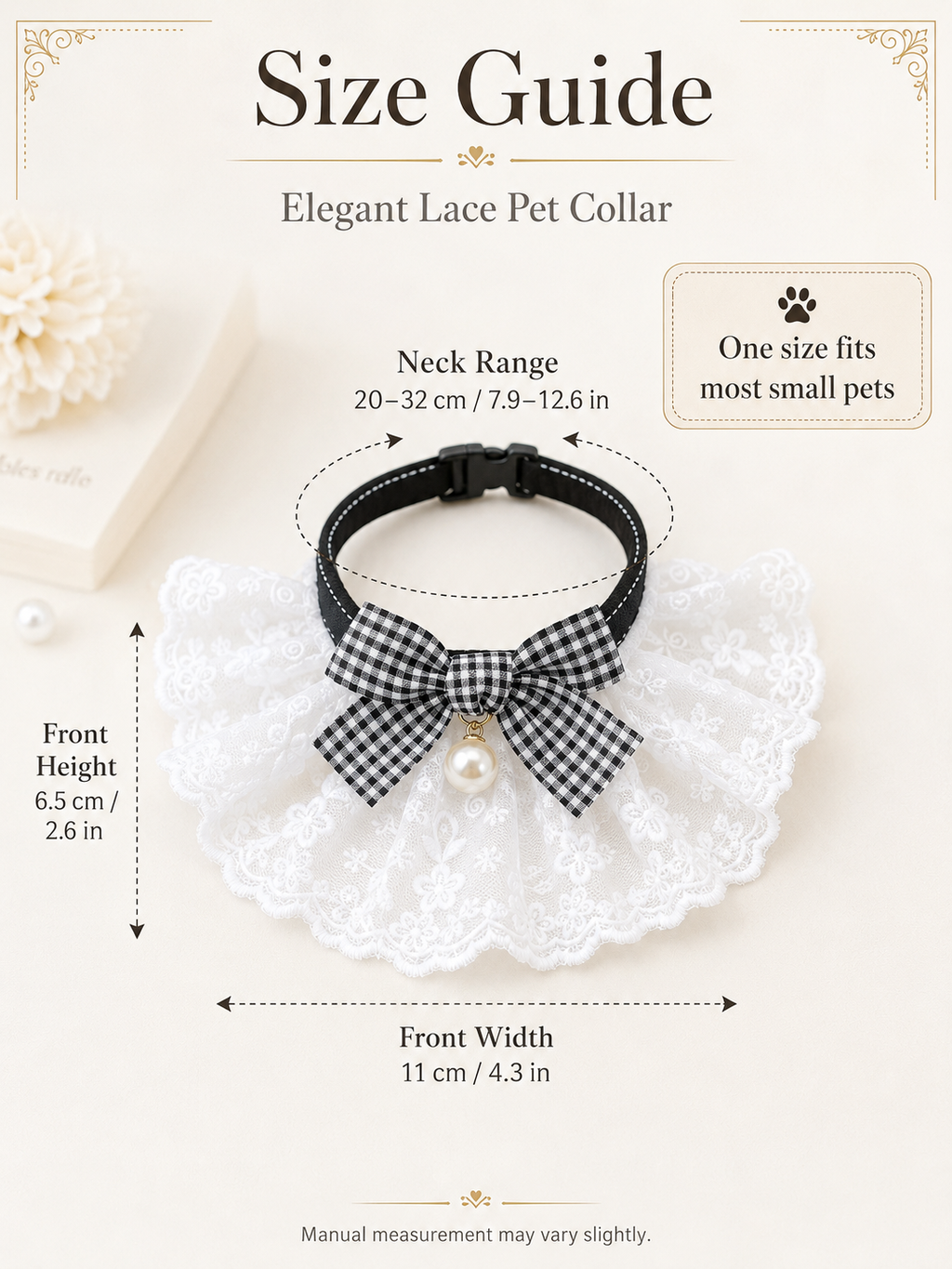 White Lace Ruffled Pet Collar, Black Gingham Bow Dog Neckwear with Pearl Pendant, Vintage Sweet Puppy Accessory for Daily Outings & Aesthetic Pet Photos