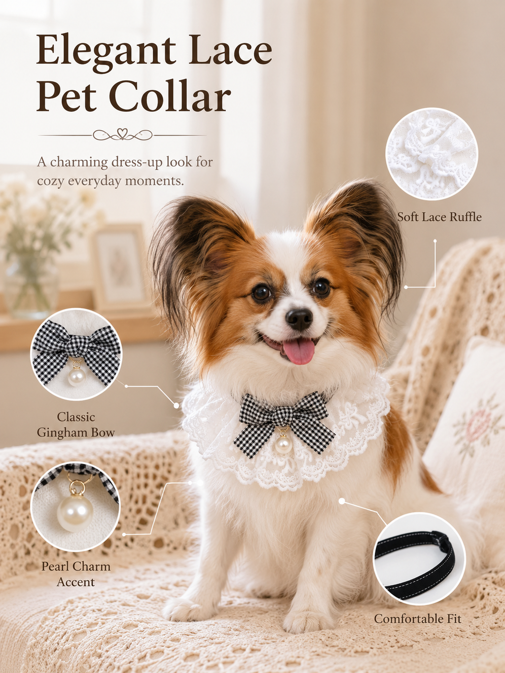White Lace Ruffled Pet Collar, Black Gingham Bow Dog Neckwear with Pearl Pendant, Vintage Sweet Puppy Accessory for Daily Outings & Aesthetic Pet Photos