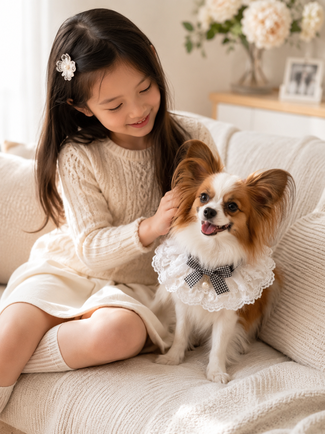 White Lace Ruffled Pet Collar, Black Gingham Bow Dog Neckwear with Pearl Pendant, Vintage Sweet Puppy Accessory for Daily Outings & Aesthetic Pet Photos