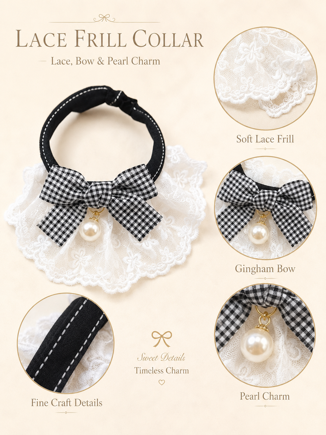 White Lace Ruffled Pet Collar, Black Gingham Bow Dog Neckwear with Pearl Pendant, Vintage Sweet Puppy Accessory for Daily Outings & Aesthetic Pet Photos