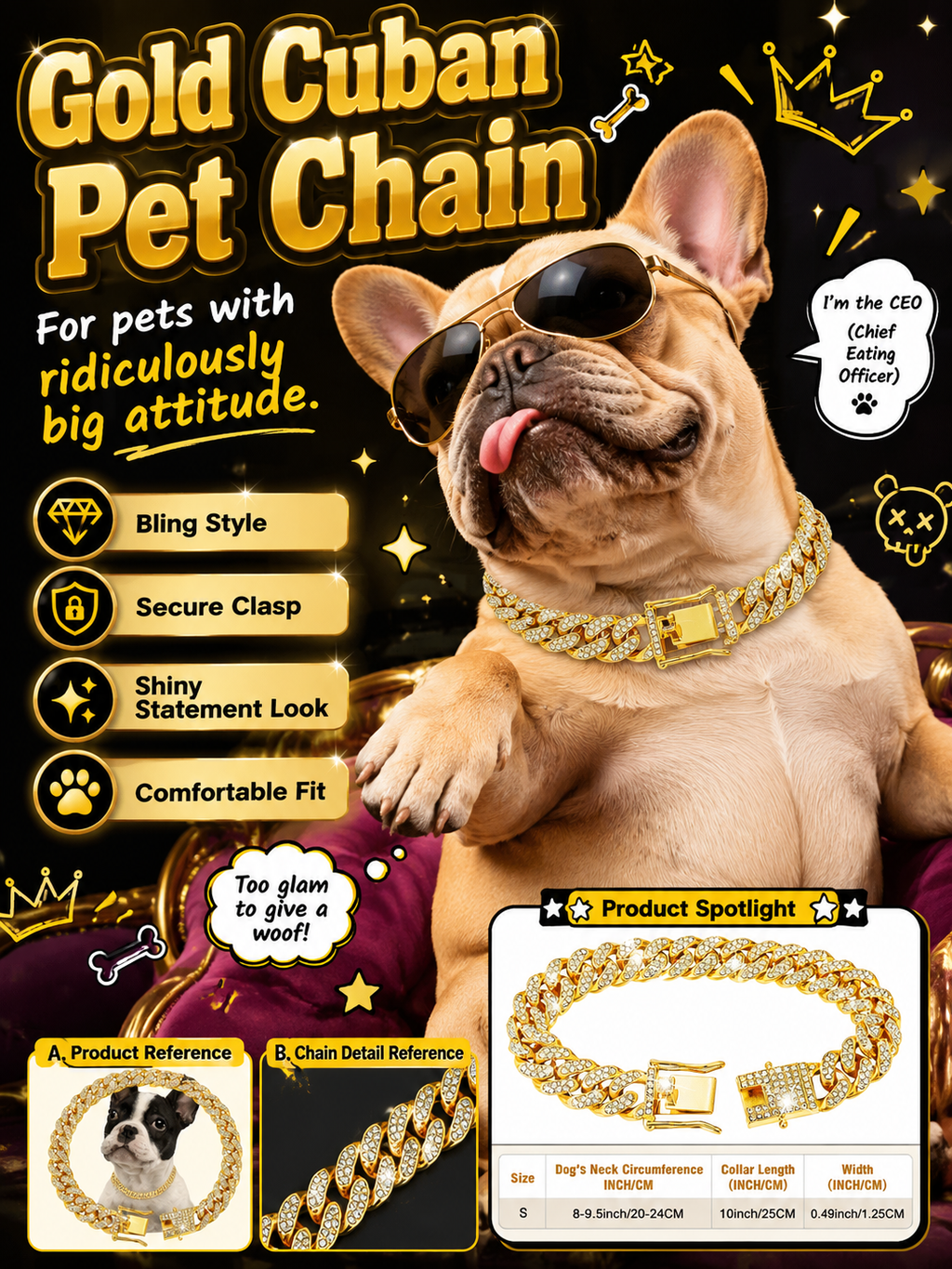 Rhinestone Gold Cuban Link Pet Necklace, Hip Hop Bling Dog Chain, Adjustable Sparkly Puppy Jewelry for Party Photoshoot