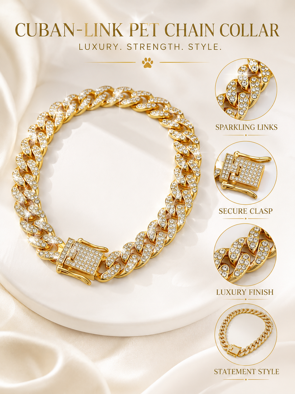 Rhinestone Gold Cuban Link Pet Necklace, Hip Hop Bling Dog Chain, Adjustable Sparkly Puppy Jewelry for Party Photoshoot