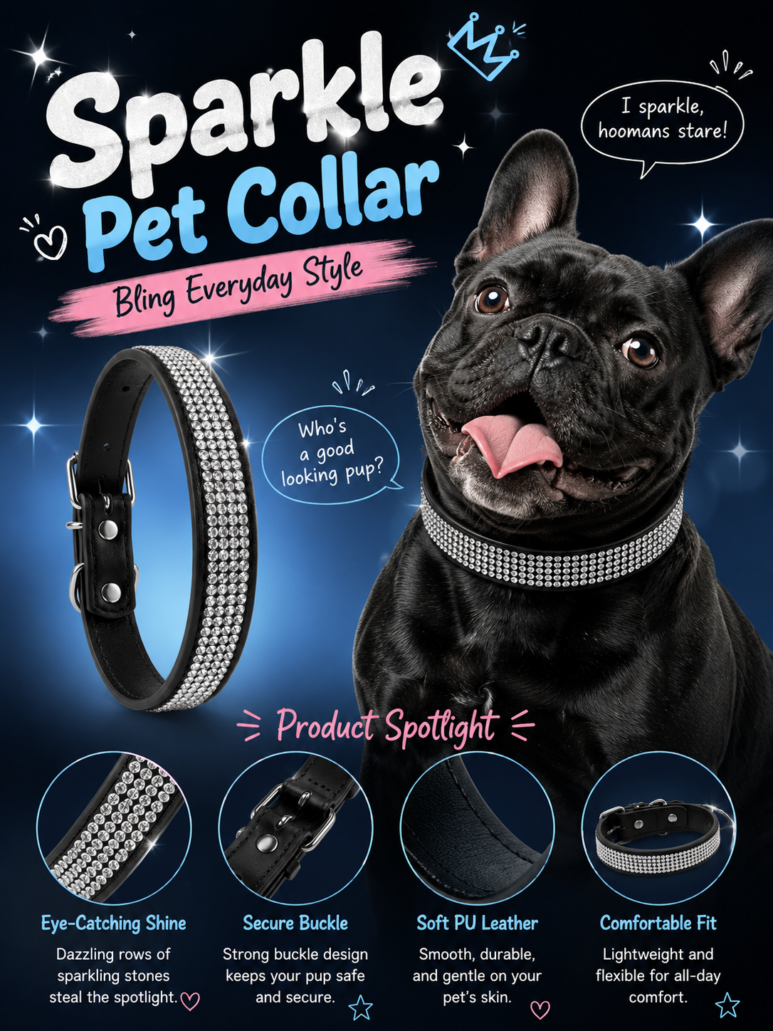 Bling Rhinestone Pet Collar, Soft PU Leather Sparkly Dog Collar with Adjustable Metal Buckle, Shiny Puppy Neck Collar for Daily Walking & Photo