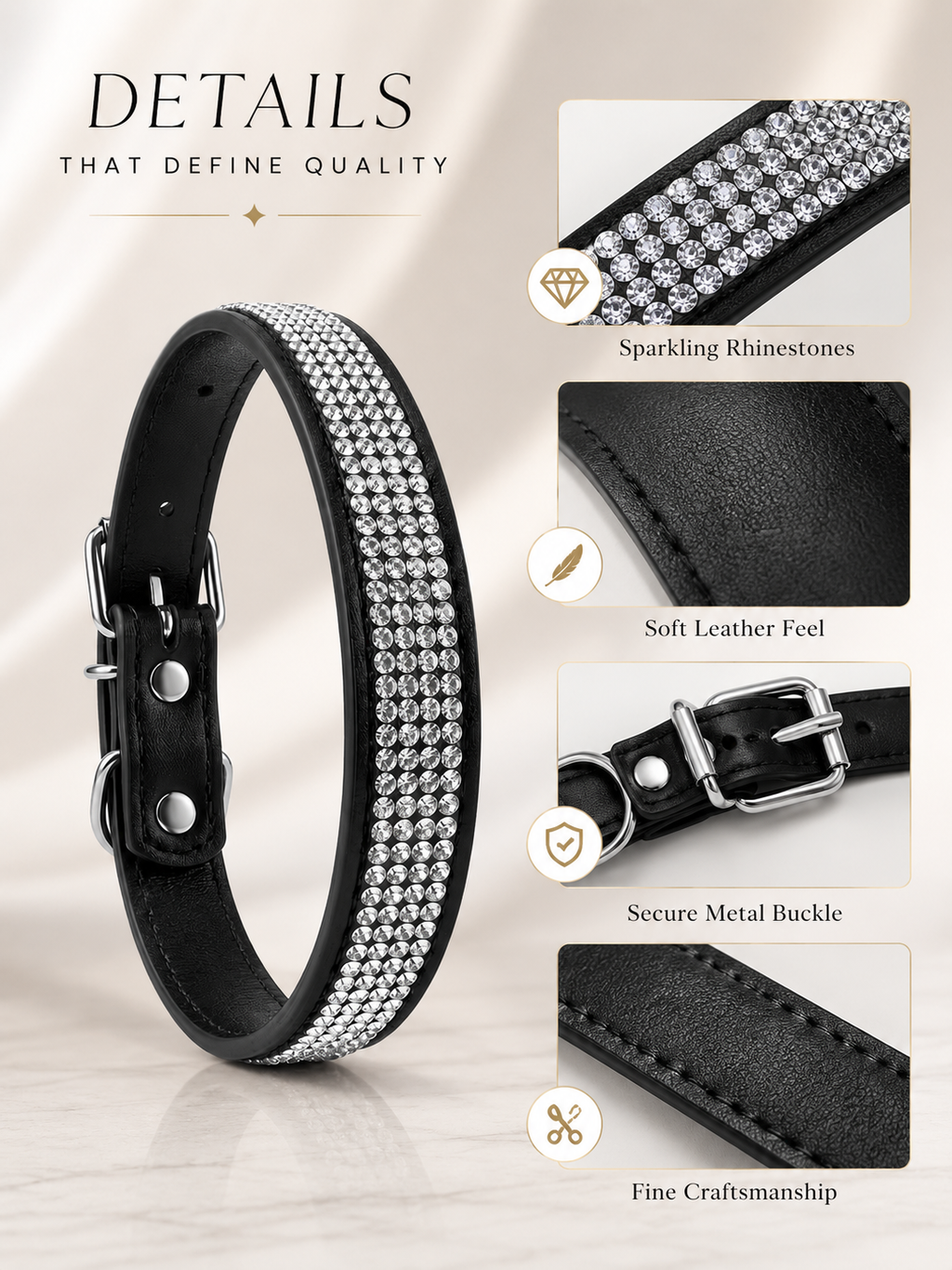 Bling Rhinestone Pet Collar, Soft PU Leather Sparkly Dog Collar with Adjustable Metal Buckle, Shiny Puppy Neck Collar for Daily Walking & Photo