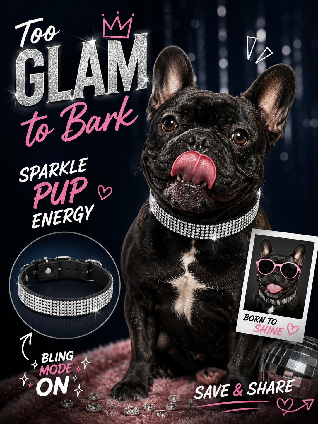 Bling Rhinestone Pet Collar, Soft PU Leather Sparkly Dog Collar with Adjustable Metal Buckle, Shiny Puppy Neck Collar for Daily Walking & Photo
