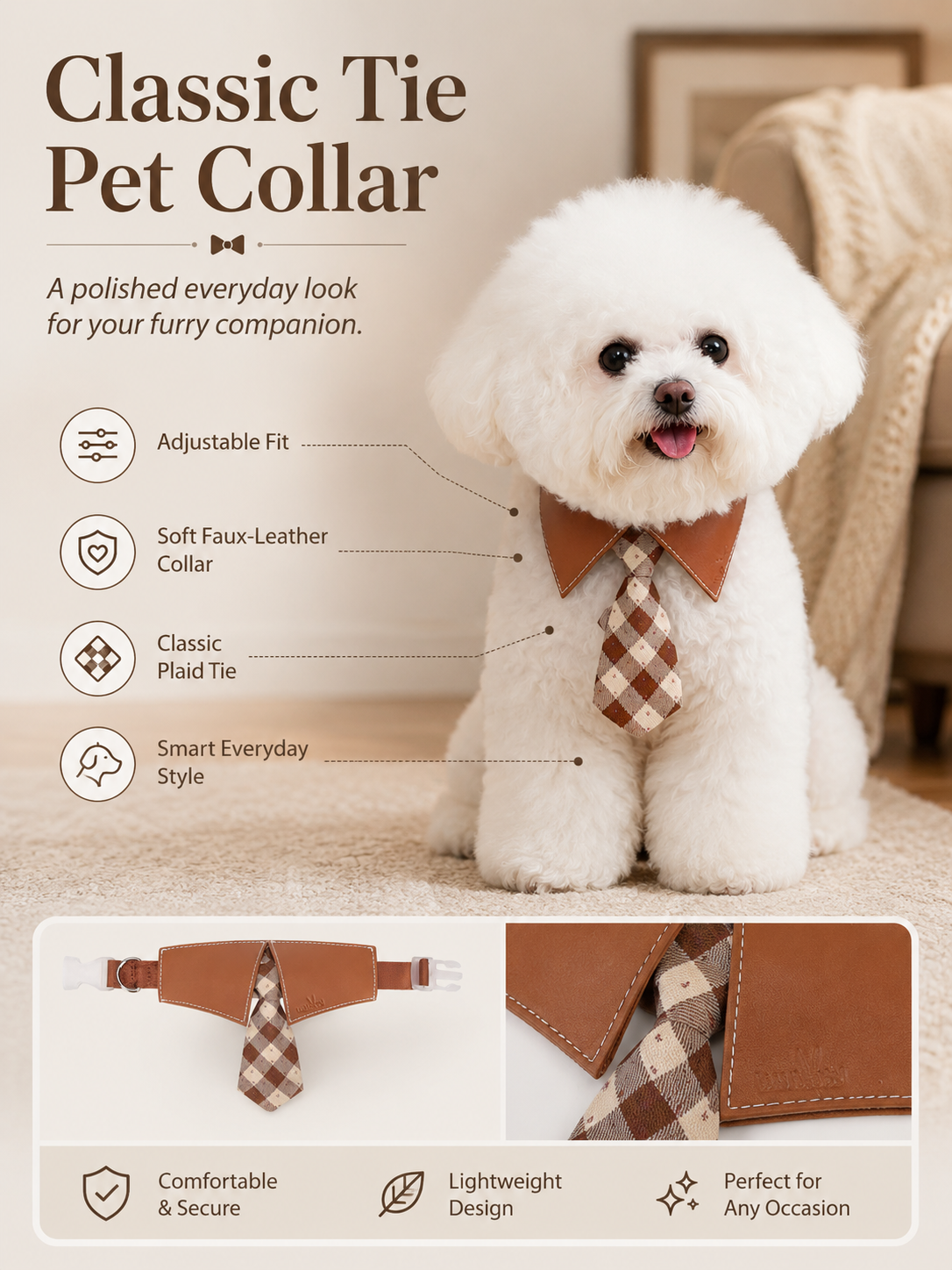 Vintage Collared Plaid Pet Tie Collar, Faux Leather Shirt Collar Dog Necktie, Adjustable Formal Puppy Accessory for Daily Walks, Wedding & Pet Photoshoot