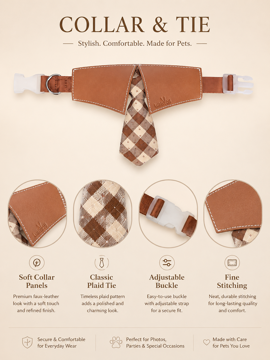 Vintage Collared Plaid Pet Tie Collar, Faux Leather Shirt Collar Dog Necktie, Adjustable Formal Puppy Accessory for Daily Walks, Wedding & Pet Photoshoot