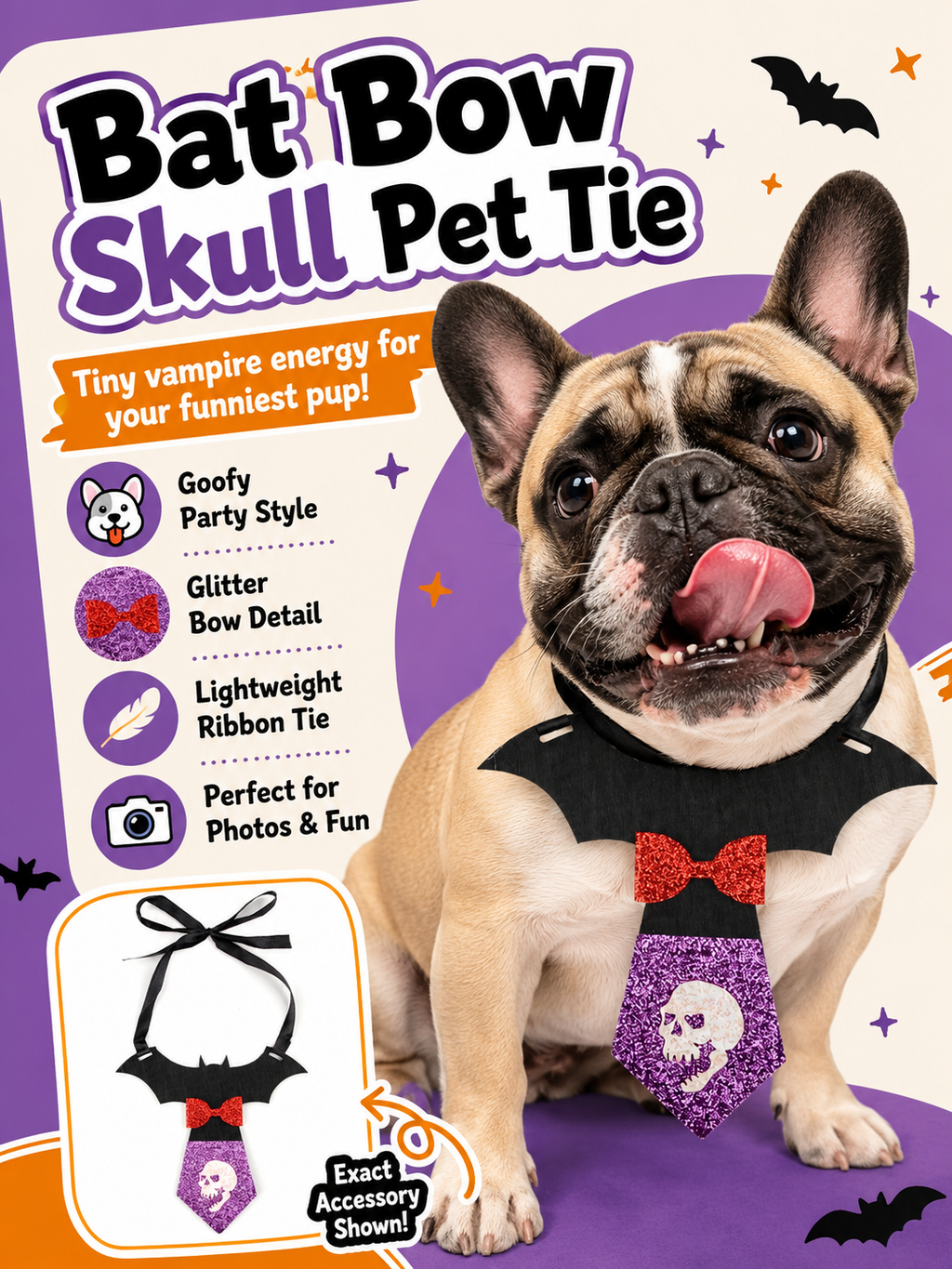Halloween Bat Skull Pet Tie, Glitter Bow Bat Wing Dog Costume Collar, Cute Puppy Cosplay Neck Accessory for Halloween Party & Photo