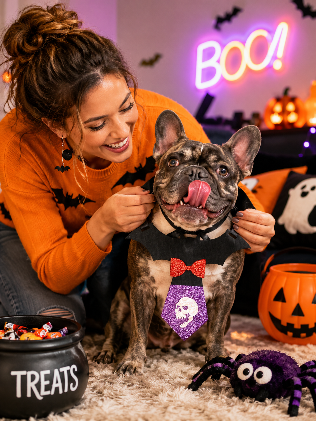 Halloween Bat Skull Pet Tie, Glitter Bow Bat Wing Dog Costume Collar, Cute Puppy Cosplay Neck Accessory for Halloween Party & Photo