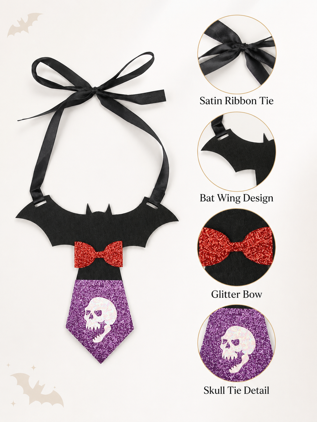 Halloween Bat Skull Pet Tie, Glitter Bow Bat Wing Dog Costume Collar, Cute Puppy Cosplay Neck Accessory for Halloween Party & Photo