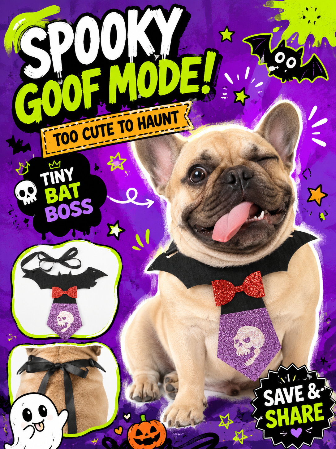 Halloween Bat Skull Pet Tie, Glitter Bow Bat Wing Dog Costume Collar, Cute Puppy Cosplay Neck Accessory for Halloween Party & Photo