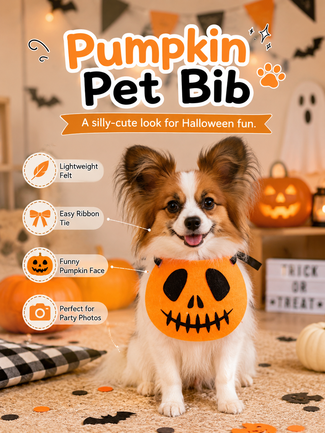 Halloween Jack-o'-Lantern Pet Bib, Felt Pumpkin Face Dog Bandana, Tie-On Puppy Costume Accessory for Trick-or-Treat & Halloween Party