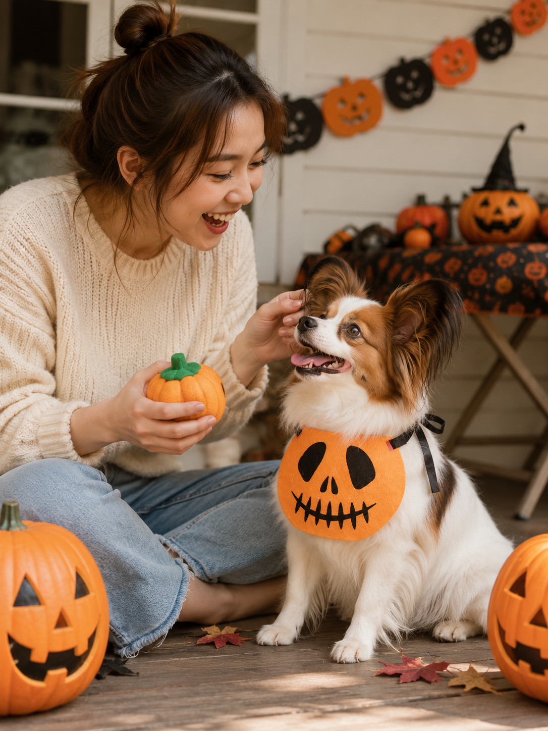 Halloween Jack-o'-Lantern Pet Bib, Felt Pumpkin Face Dog Bandana, Tie-On Puppy Costume Accessory for Trick-or-Treat & Halloween Party