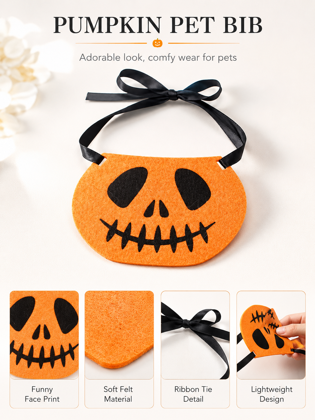 Halloween Jack-o'-Lantern Pet Bib, Felt Pumpkin Face Dog Bandana, Tie-On Puppy Costume Accessory for Trick-or-Treat & Halloween Party