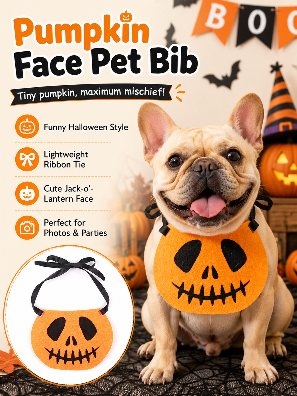 Halloween Pumpkin Jack-o'-lantern Pet Bib, Tie-On Felt Dog Bandana, Cute Puppy Halloween Costume Accessory for Party & Photography