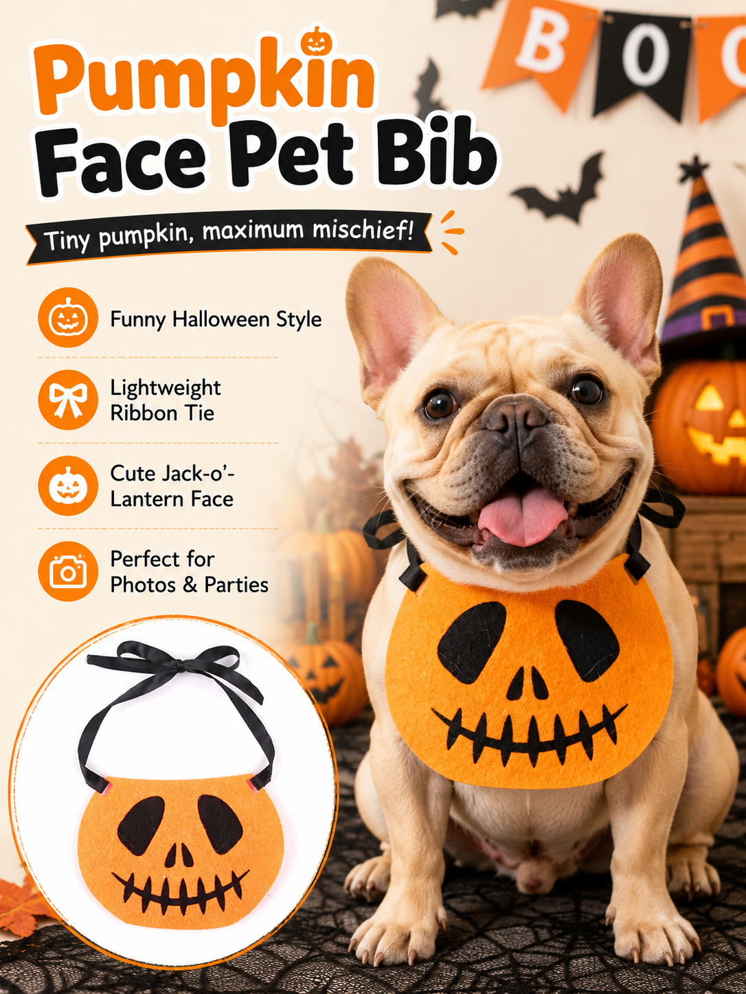Halloween Pumpkin Jack-o'-lantern Pet Bib, Tie-On Felt Dog Bandana, Cute Puppy Halloween Costume Accessory for Party & Photography