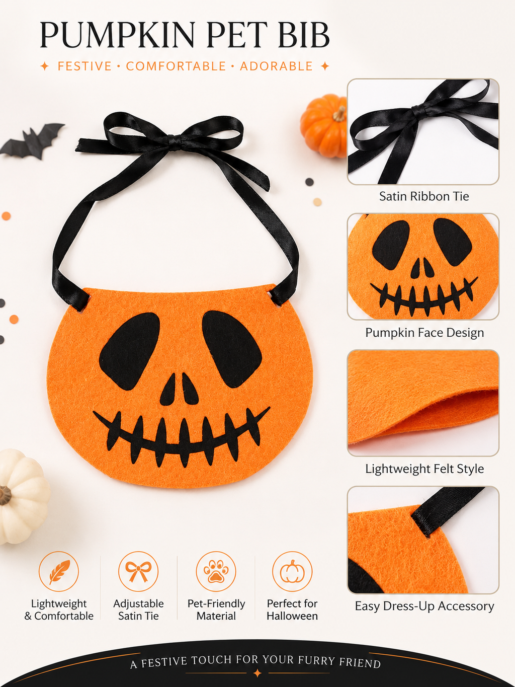 Halloween Pumpkin Jack-o'-lantern Pet Bib, Tie-On Felt Dog Bandana, Cute Puppy Halloween Costume Accessory for Party & Photography
