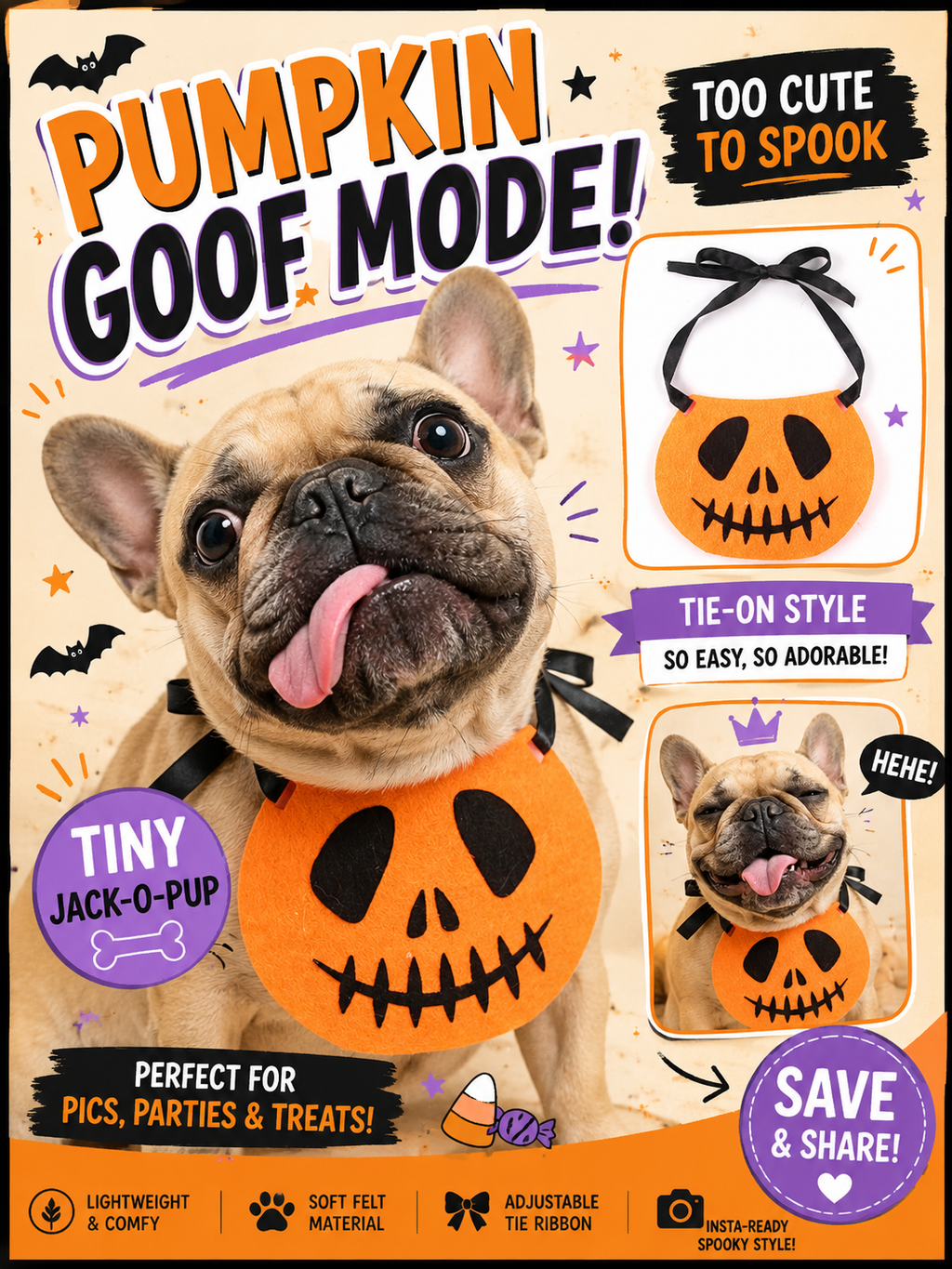 Halloween Pumpkin Jack-o'-lantern Pet Bib, Tie-On Felt Dog Bandana, Cute Puppy Halloween Costume Accessory for Party & Photography