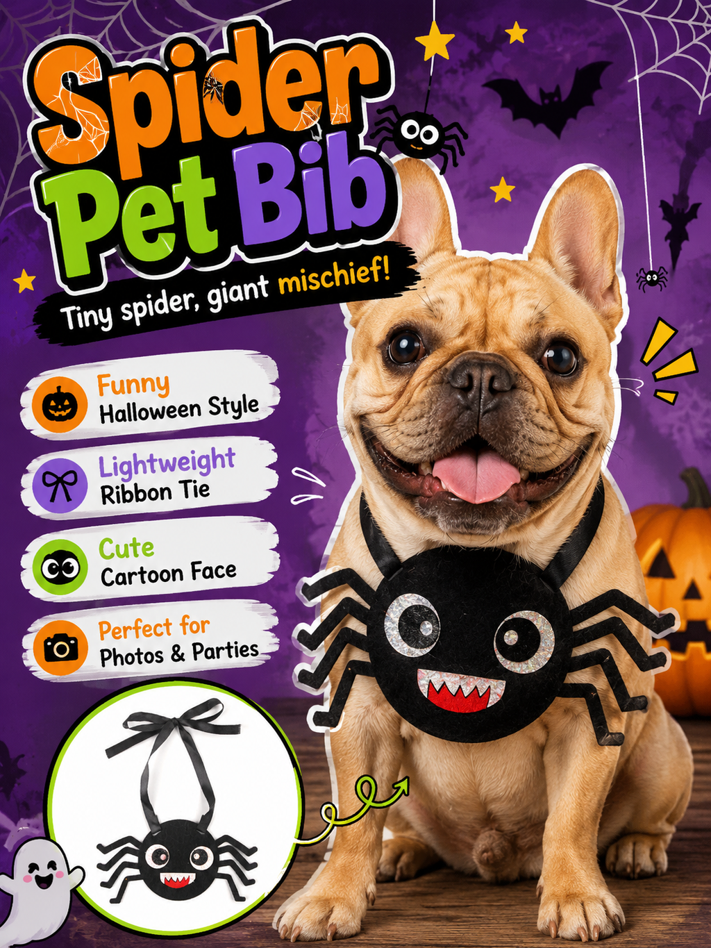 Halloween Spider Pet Neck Ornament, Felt Spider Dog Costume Collar, Tie-On Cute Puppy Cosplay Accessory for Halloween Party & Pet Photos