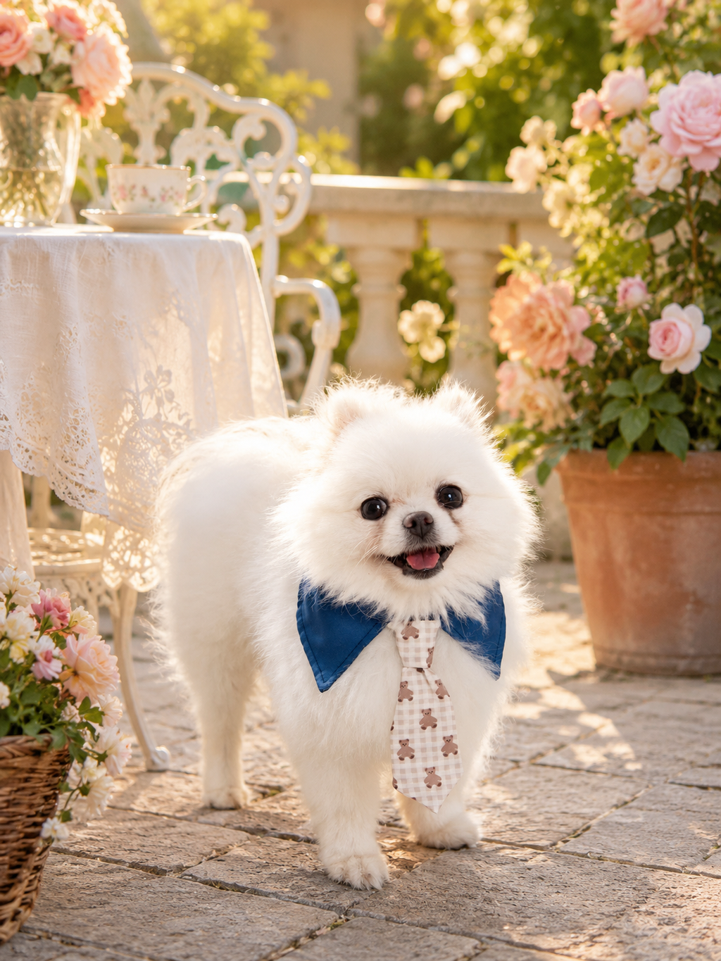 Navy Collared Teddy Bear Print Pet Tie Collar, Adjustable Cute Gentleman Dog Necktie, Sweet Puppy Accessory for Daily Outings & Pet Photography