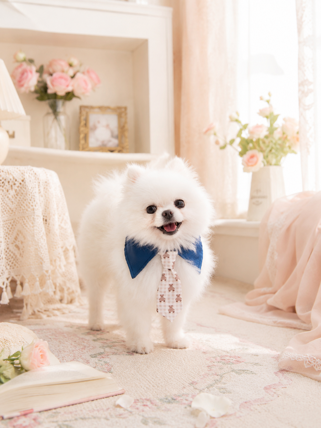 Navy Collared Teddy Bear Print Pet Tie Collar, Adjustable Cute Gentleman Dog Necktie, Sweet Puppy Accessory for Daily Outings & Pet Photography