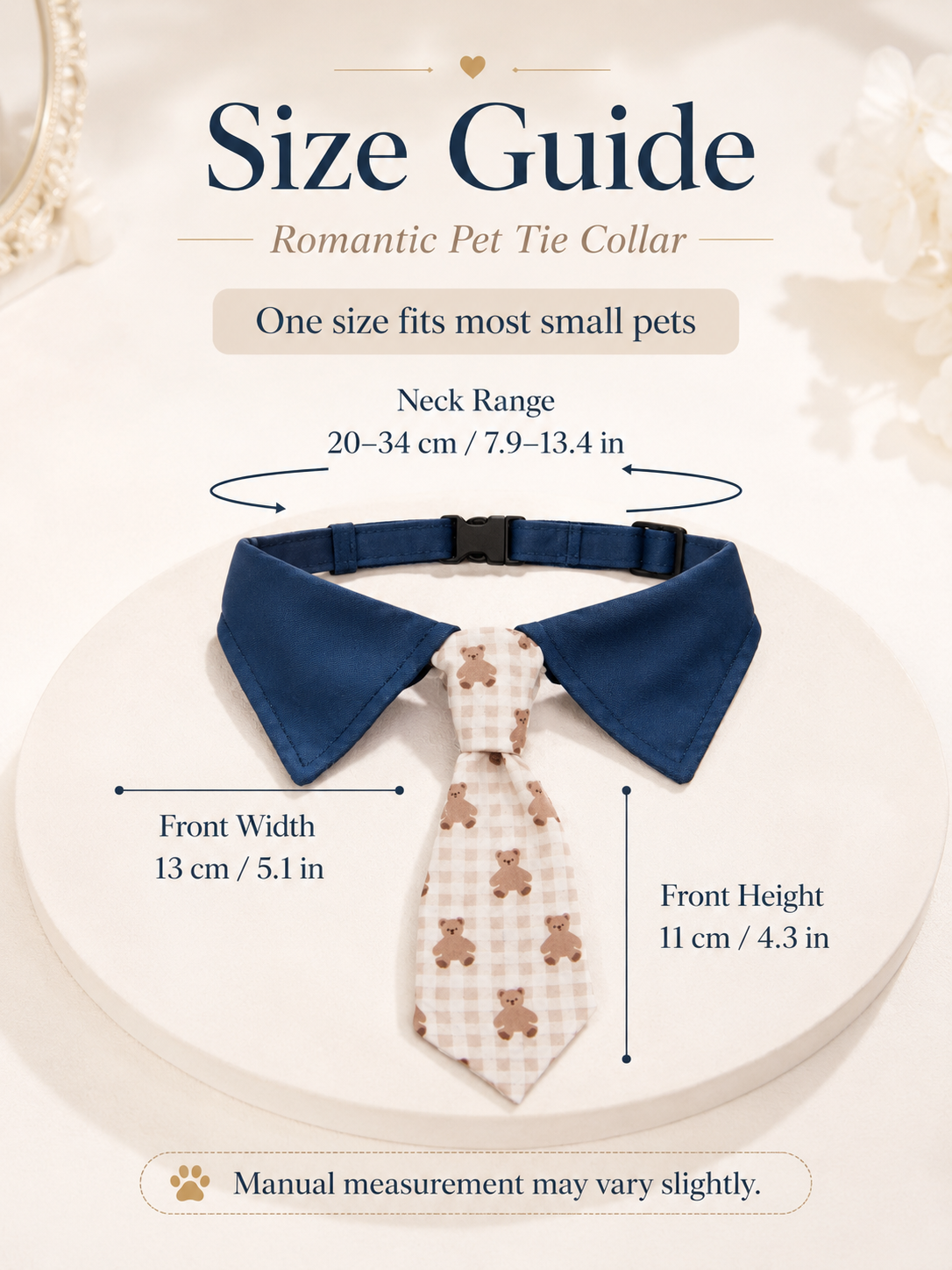 Navy Collared Teddy Bear Print Pet Tie Collar, Adjustable Cute Gentleman Dog Necktie, Sweet Puppy Accessory for Daily Outings & Pet Photography