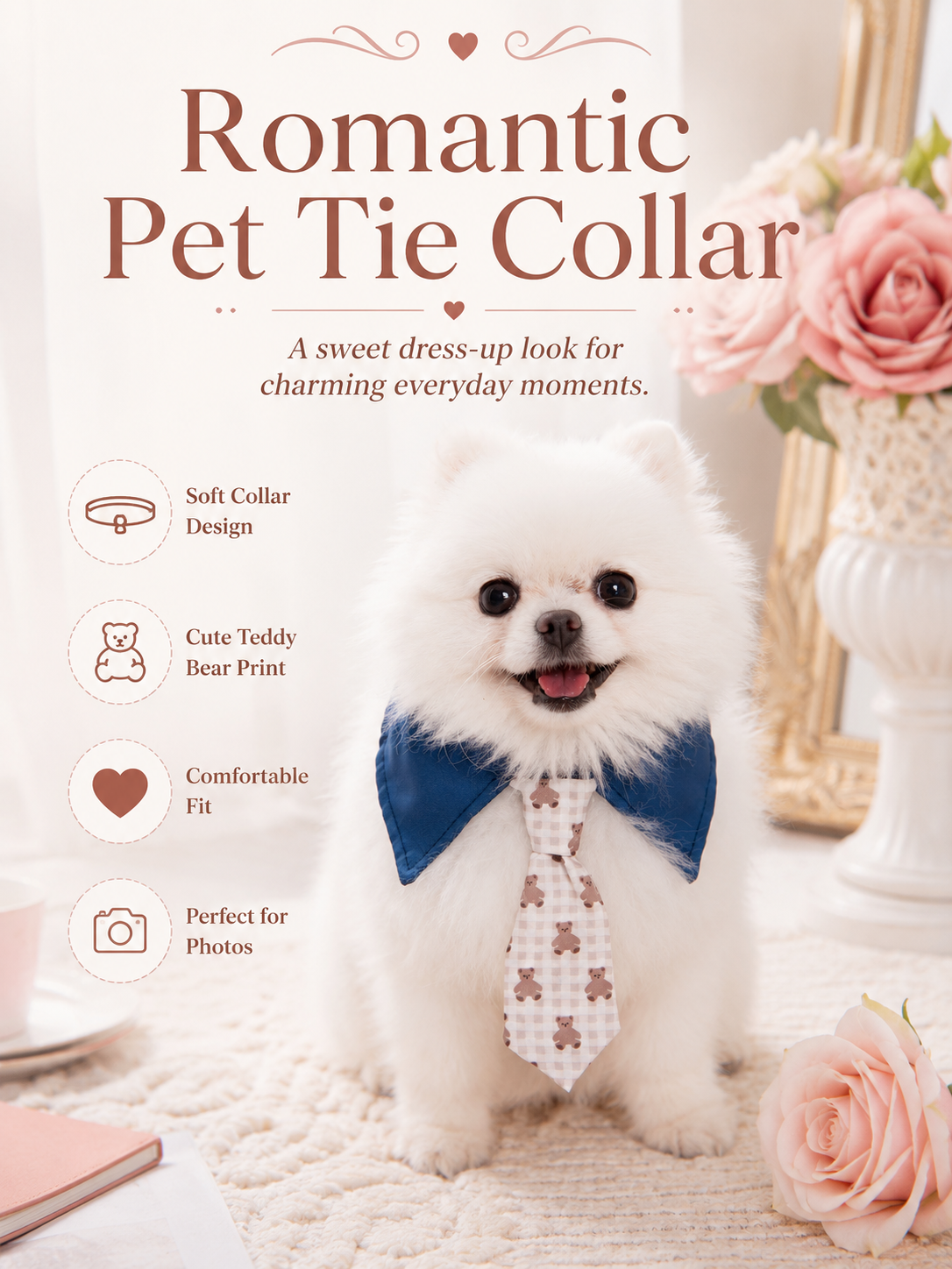 Navy Collared Teddy Bear Print Pet Tie Collar, Adjustable Cute Gentleman Dog Necktie, Sweet Puppy Accessory for Daily Outings & Pet Photography