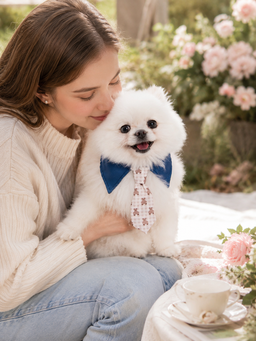 Navy Collared Teddy Bear Print Pet Tie Collar, Adjustable Cute Gentleman Dog Necktie, Sweet Puppy Accessory for Daily Outings & Pet Photography