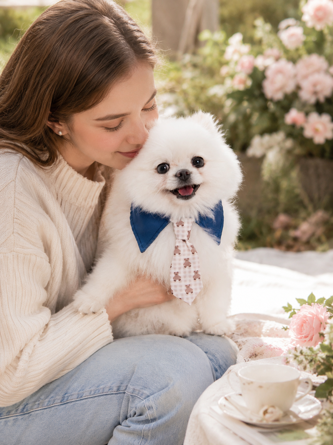 Navy Collared Teddy Bear Print Pet Tie Collar, Adjustable Cute Gentleman Dog Necktie, Sweet Puppy Accessory for Daily Outings & Pet Photography