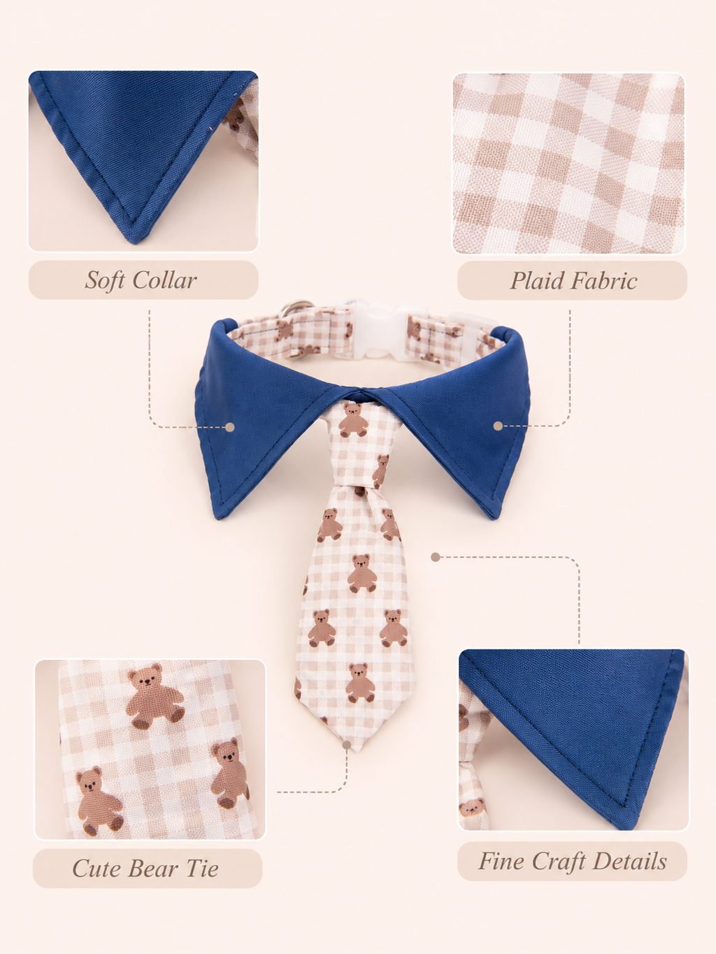Navy Collared Teddy Bear Print Pet Tie Collar, Adjustable Cute Gentleman Dog Necktie, Sweet Puppy Accessory for Daily Outings & Pet Photography
