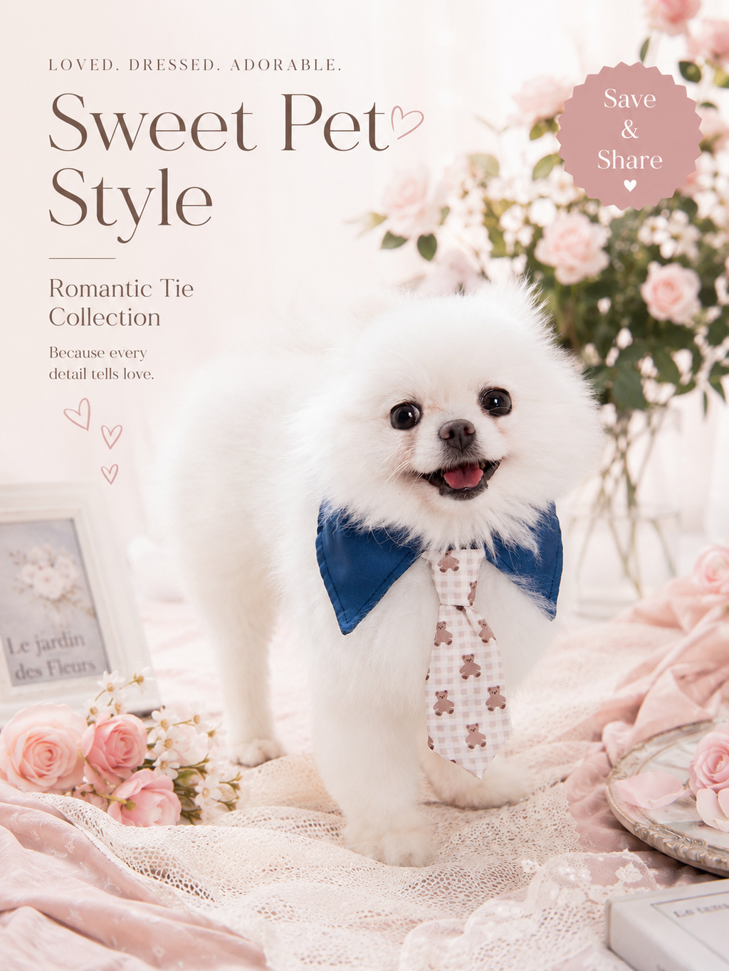 Navy Collared Teddy Bear Print Pet Tie Collar, Adjustable Cute Gentleman Dog Necktie, Sweet Puppy Accessory for Daily Outings & Pet Photography