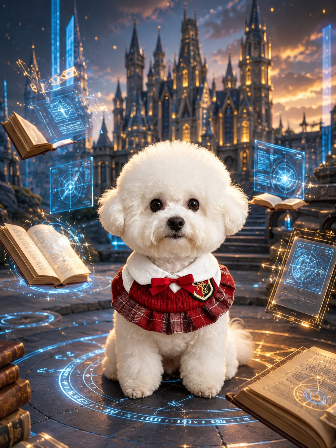 Magic Academy Pet Collar, Red Knit Plaid Dog School Uniform Collar with Red Bow & Emblem, Vintage Wizard Puppy Neck Accessory for Party & Pet Photoshoot