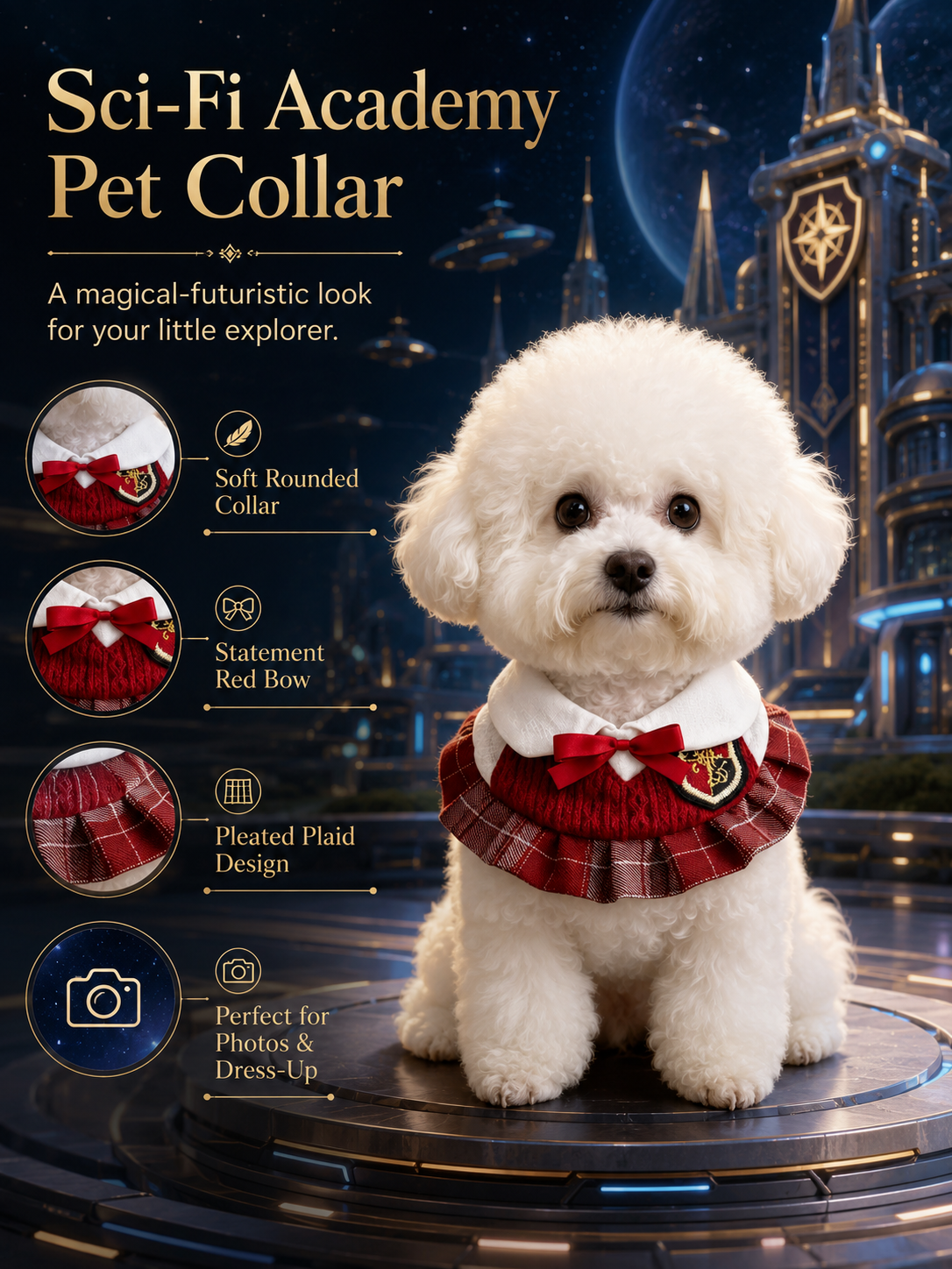 Magic Academy Pet Collar, Red Knit Plaid Dog School Uniform Collar with Red Bow & Emblem, Vintage Wizard Puppy Neck Accessory for Party & Pet Photoshoot