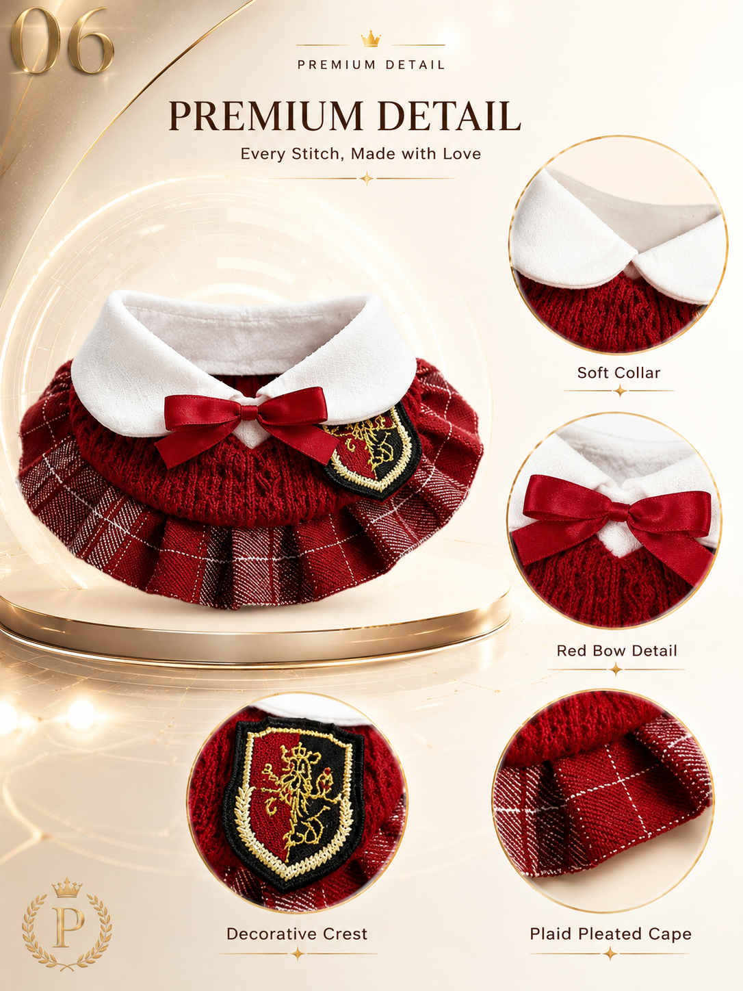 Magic Academy Pet Collar, Red Knit Plaid Dog School Uniform Collar with Red Bow & Emblem, Vintage Wizard Puppy Neck Accessory for Party & Pet Photoshoot