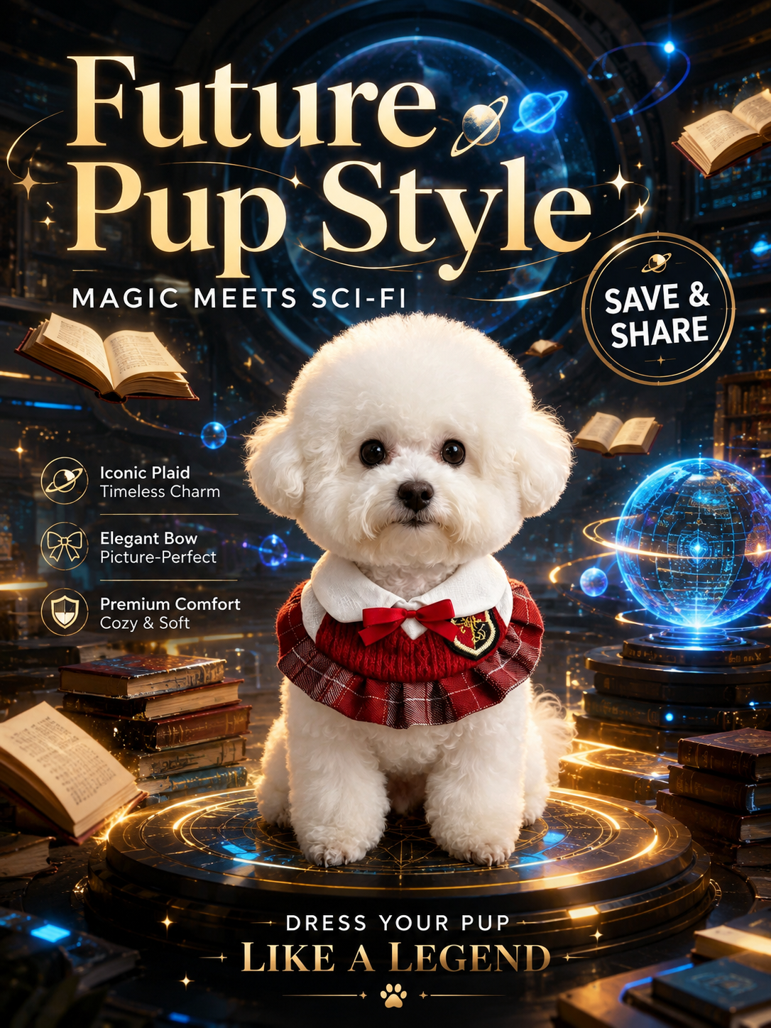 Magic Academy Pet Collar, Red Knit Plaid Dog School Uniform Collar with Red Bow & Emblem, Vintage Wizard Puppy Neck Accessory for Party & Pet Photoshoot