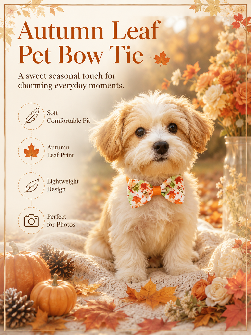 Autumn Maple Leaf Dog Bow Tie, Seasonal Fall Pet Bowtie Collar Accessory, Lightweight Puppy Neck Decor for Thanksgiving Photos & Daily Wear