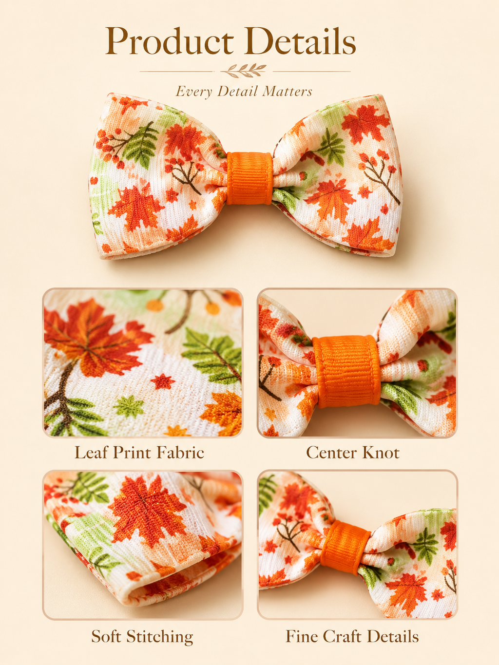 Autumn Maple Leaf Dog Bow Tie, Seasonal Fall Pet Bowtie Collar Accessory, Lightweight Puppy Neck Decor for Thanksgiving Photos & Daily Wear