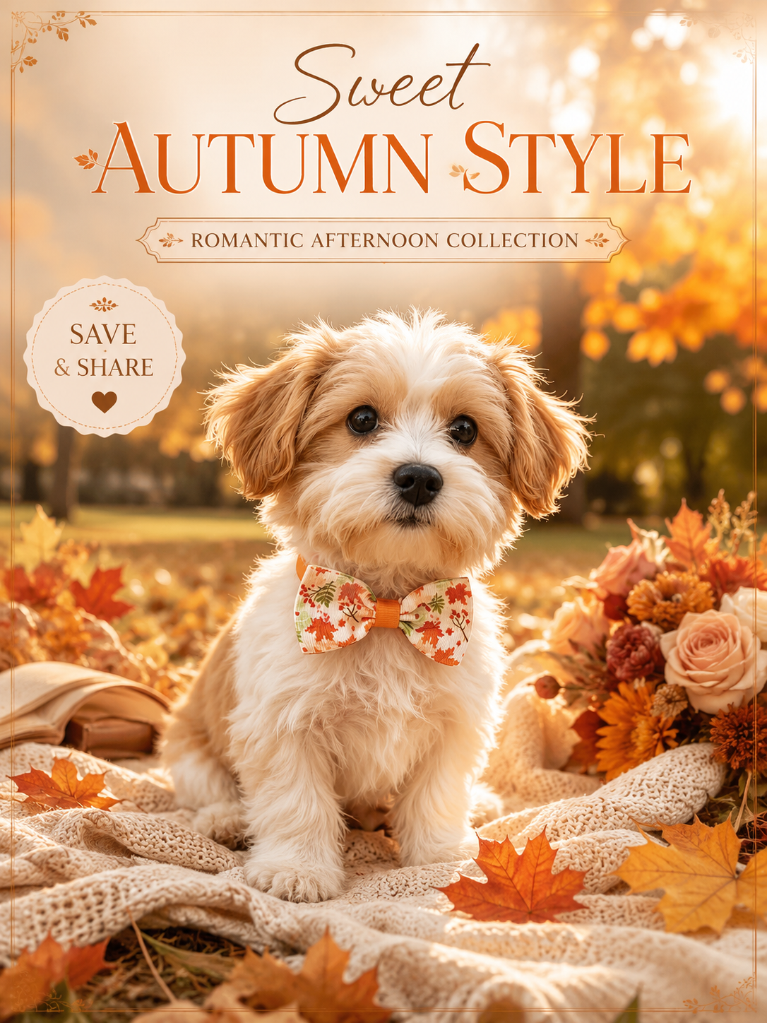Autumn Maple Leaf Print Pet Bow Tie, Lightweight Seasonal Dog Bowtie, Adjustable Fall Puppy Accessory for Outdoor Walks & Autumn Pet Photoshoot