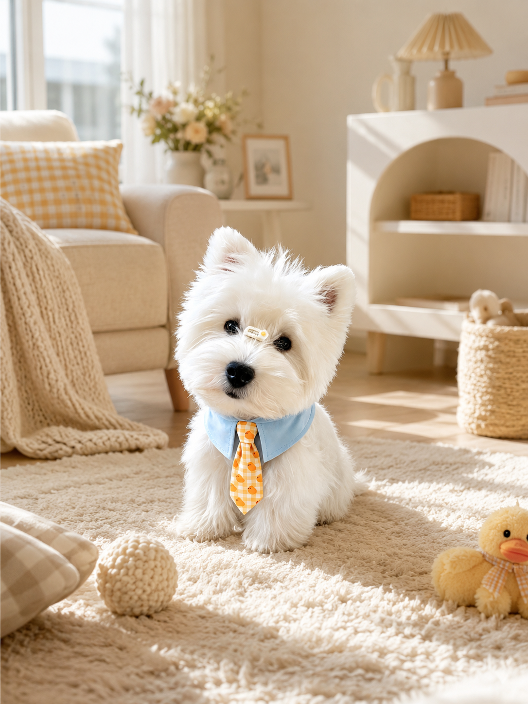 Light Blue Collar Yellow Chick Check Pet Tie Collar, Adjustable Cute Puppy Necktie, Gentle Daily Pet Accessory for Outdoor Walks & Pet Photography